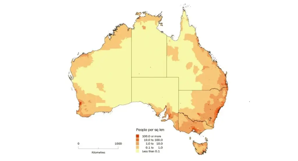 Map of Australia showing population density by region, illustrating population distribution and potential impact on property prices.