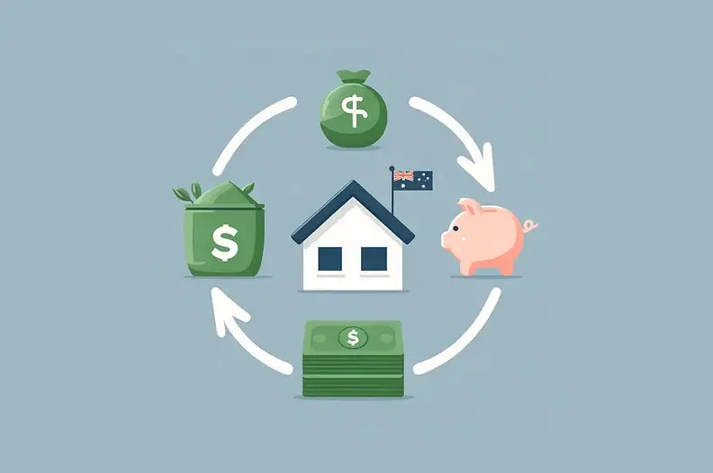 Illustration of debt recycling concept in Australia, showing money flow between a home, cash, and investments.