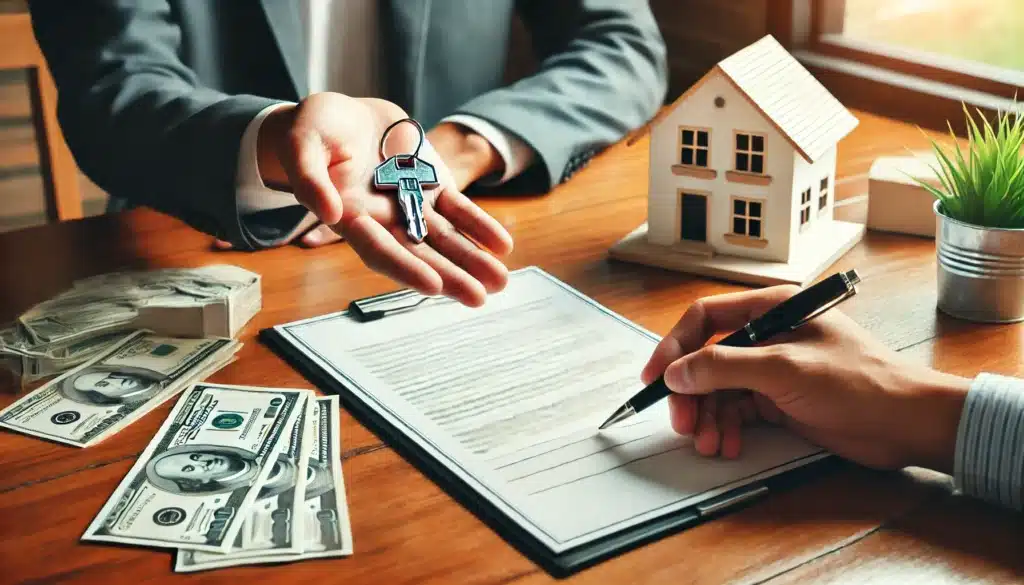 Close-up of a buyer’s agent handing over a house-shaped keychain during a property transaction, with paperwork, cash, and a miniature house on a wooden table.