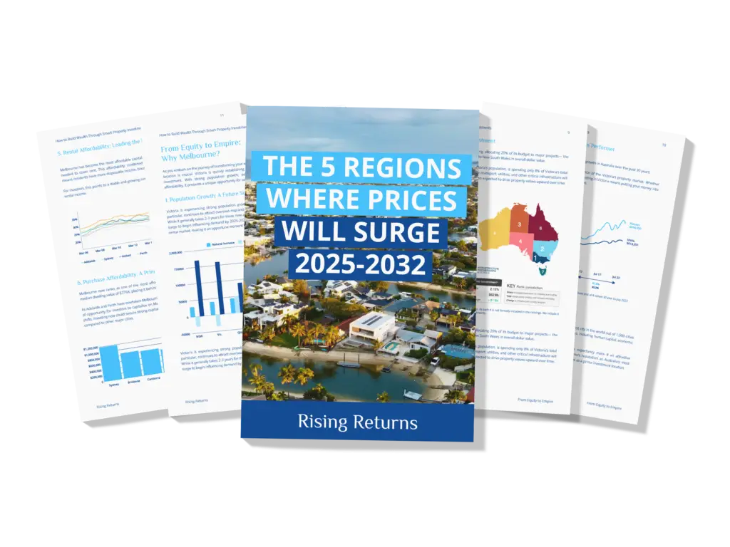 Real estate report cover titled 'The 5 Regions Where Prices Will Surge 2025-2032,' essential for buyers agents and investors