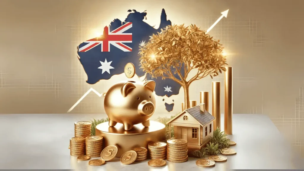 Golden piggy bank, house, and coins with an Australian flag and rising graph, representing financial growth with buyers agents.