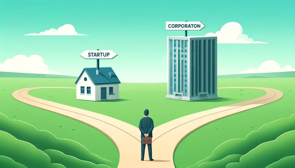 Businessperson standing at a crossroads with a small startup on one side and a large corporation on the other, symbolizing a choice between small companies and large corporations