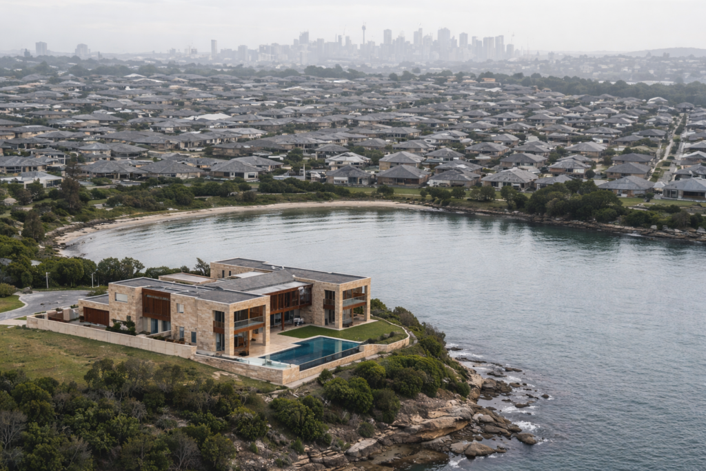 Luxury waterfront house overlooking a large Australian suburb with a distant city skyline representing high value property investment locations in Australia.