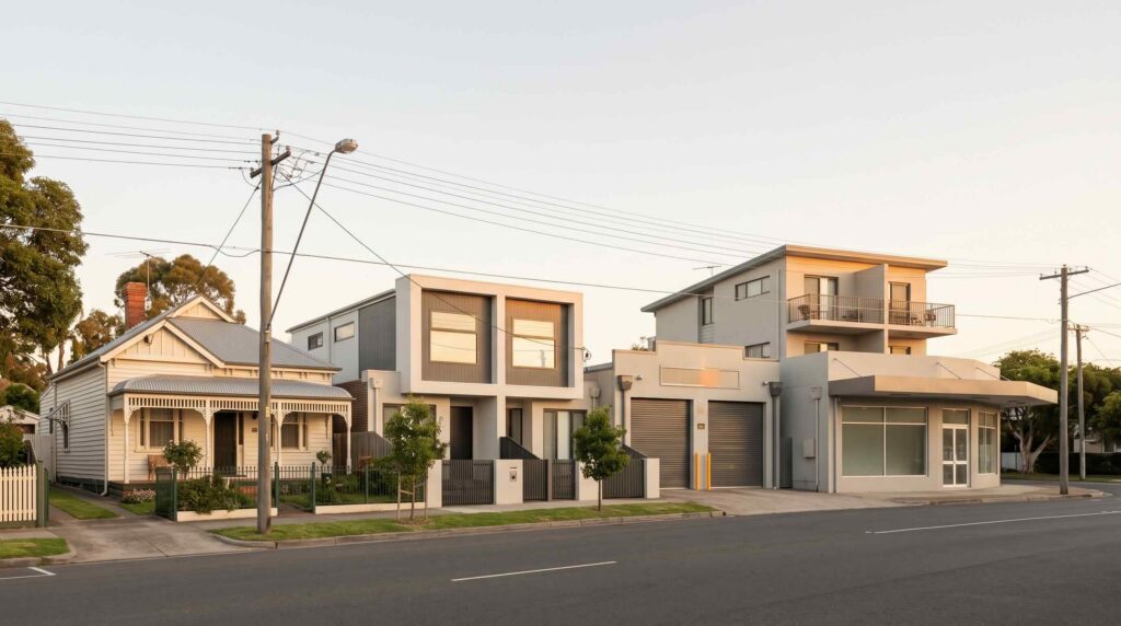 Types of investment property in Australia – a weatherboard house, modern duplex and commercial building on one street